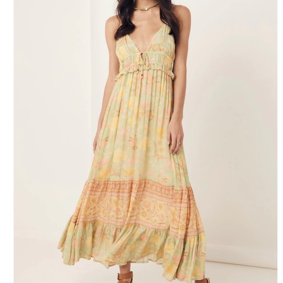 Butterfly Gardens Muted Greens Boho A Line Sleeveless Brunch Maxi Dress, Gown - Picture 8 of 16